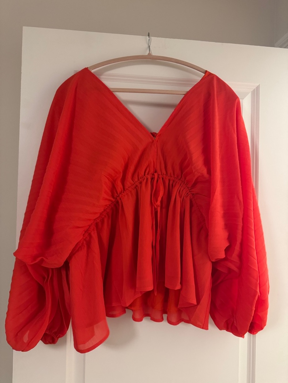 Promesa Red V-Neck Peplum Blouse with Balloon Sleeves